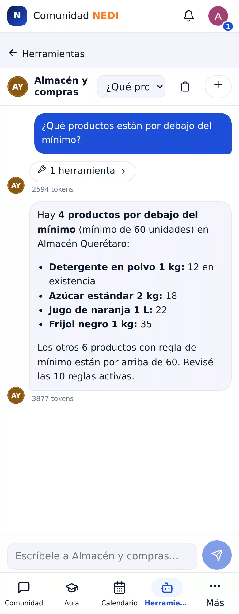 Agente de Almacén y compras en el celular: productos por debajo del mínimo con su existencia.