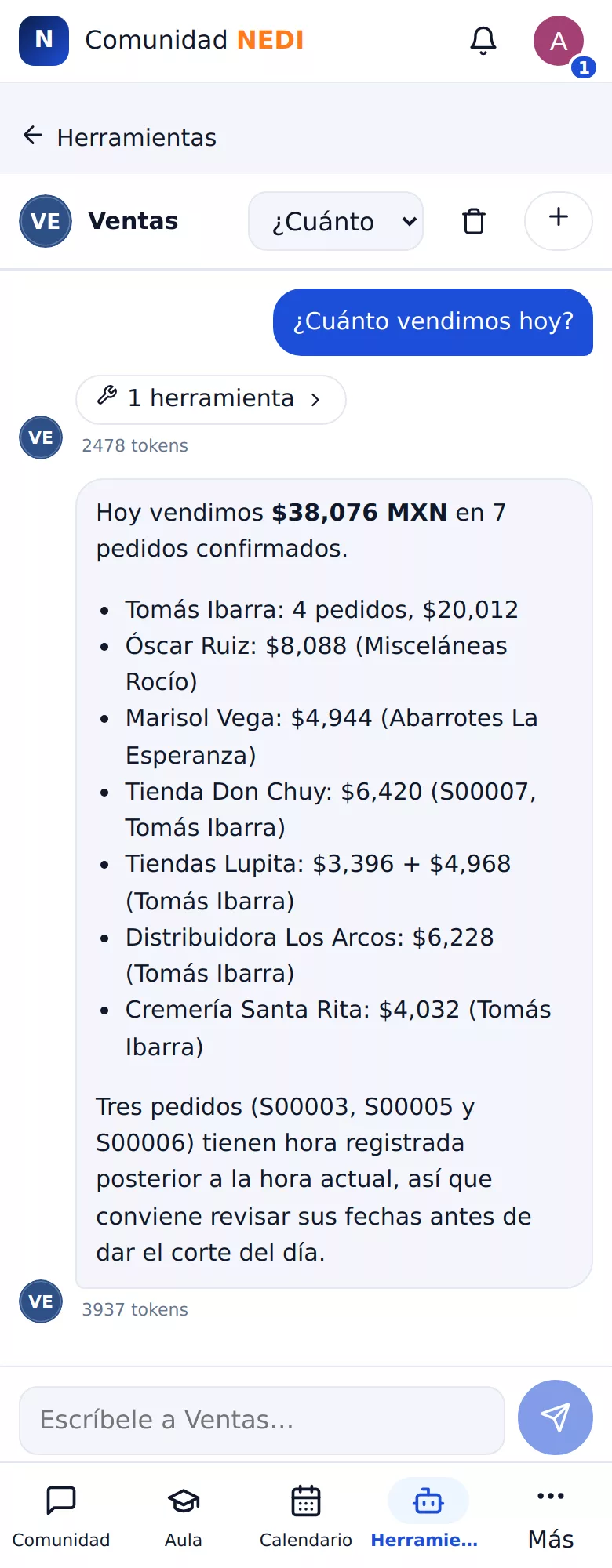 Agente de Ventas en el celular: pedidos confirmados hoy con cliente, vendedor y monto.